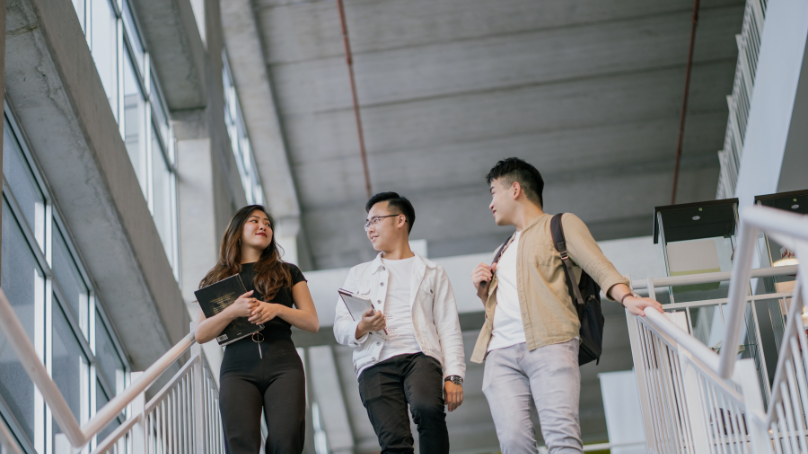 students walking down library stairs